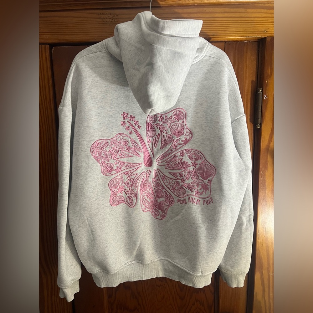 PINK PALM PUFF hooded sweatshirt size large / grey & pink
